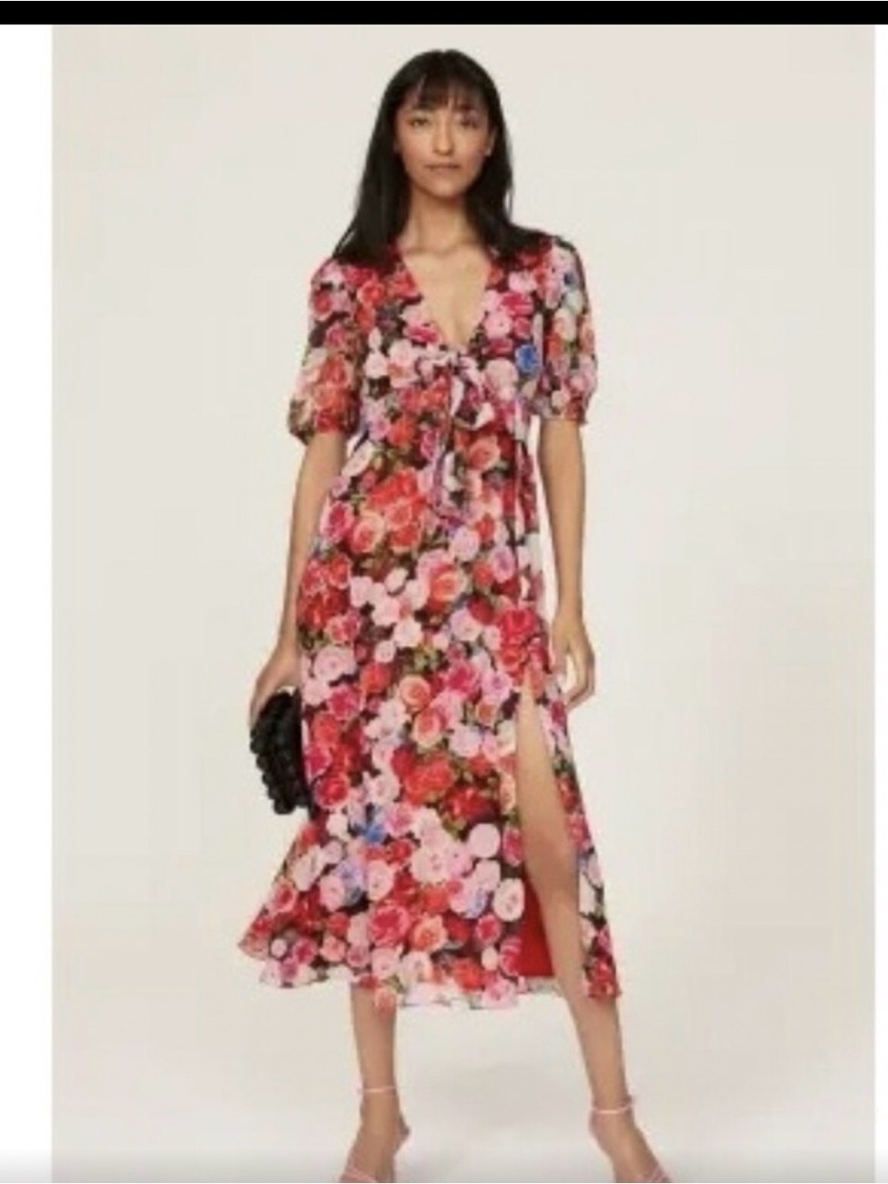 Ieena for Mac Duggal Tie-Front Floral Midi Dress in Red and Pink Sz 4